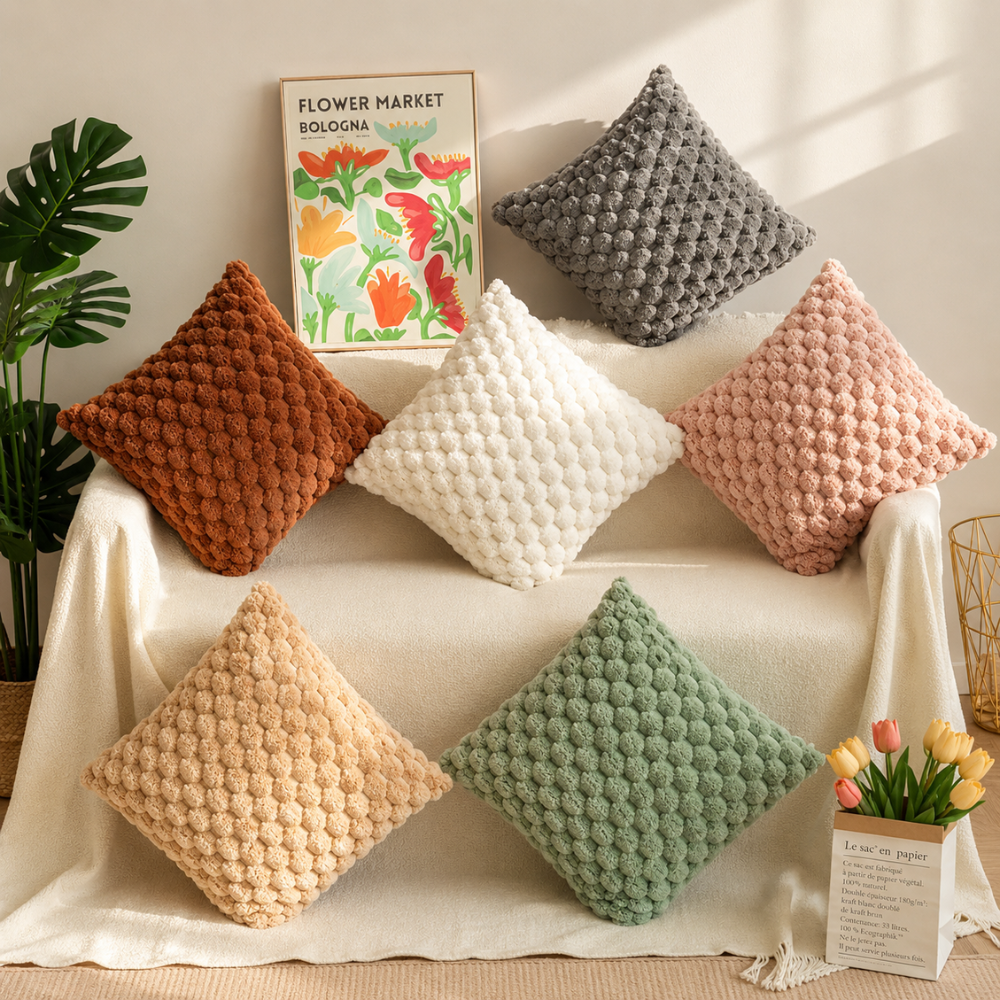 Housses de coussin orange, blanche, verte, rose et grise posées sur un canapé