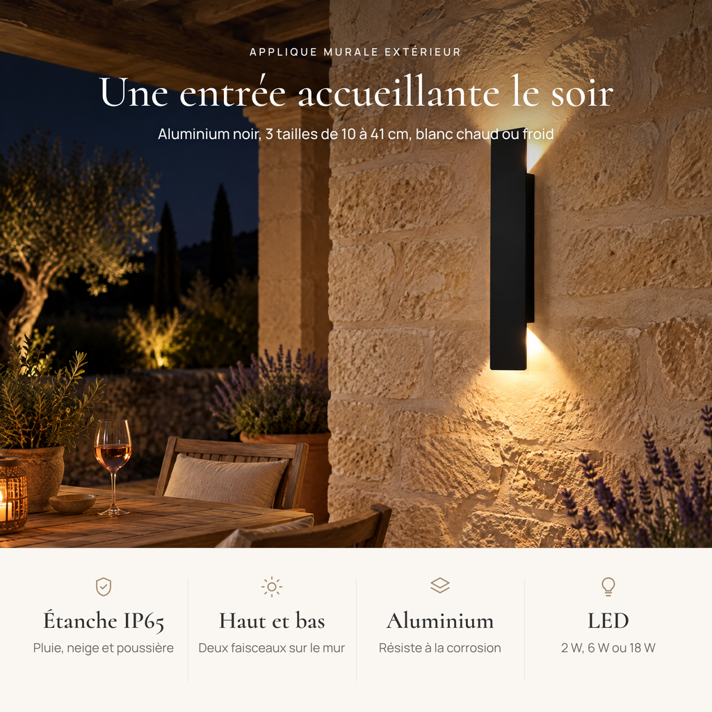 Avantages de l'applique murale extérieur : étanche IP65, éclairage haut et bas, aluminium, LED