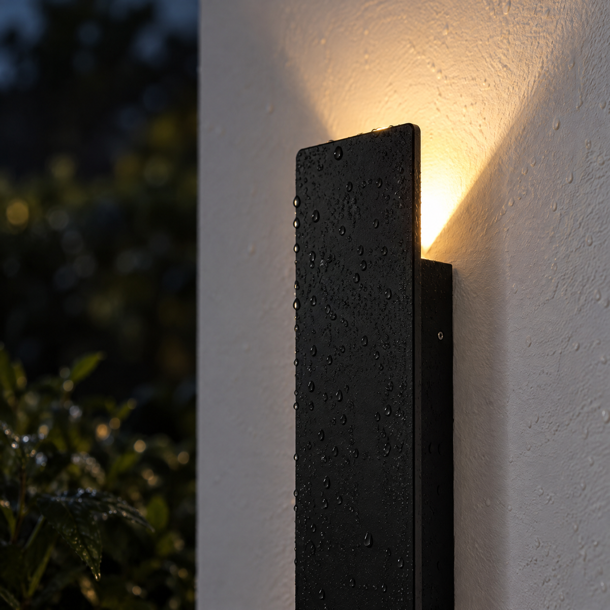 Gros plan sur l'applique murale extérieur noire sous la pluie, faisceau de lumière vers le haut