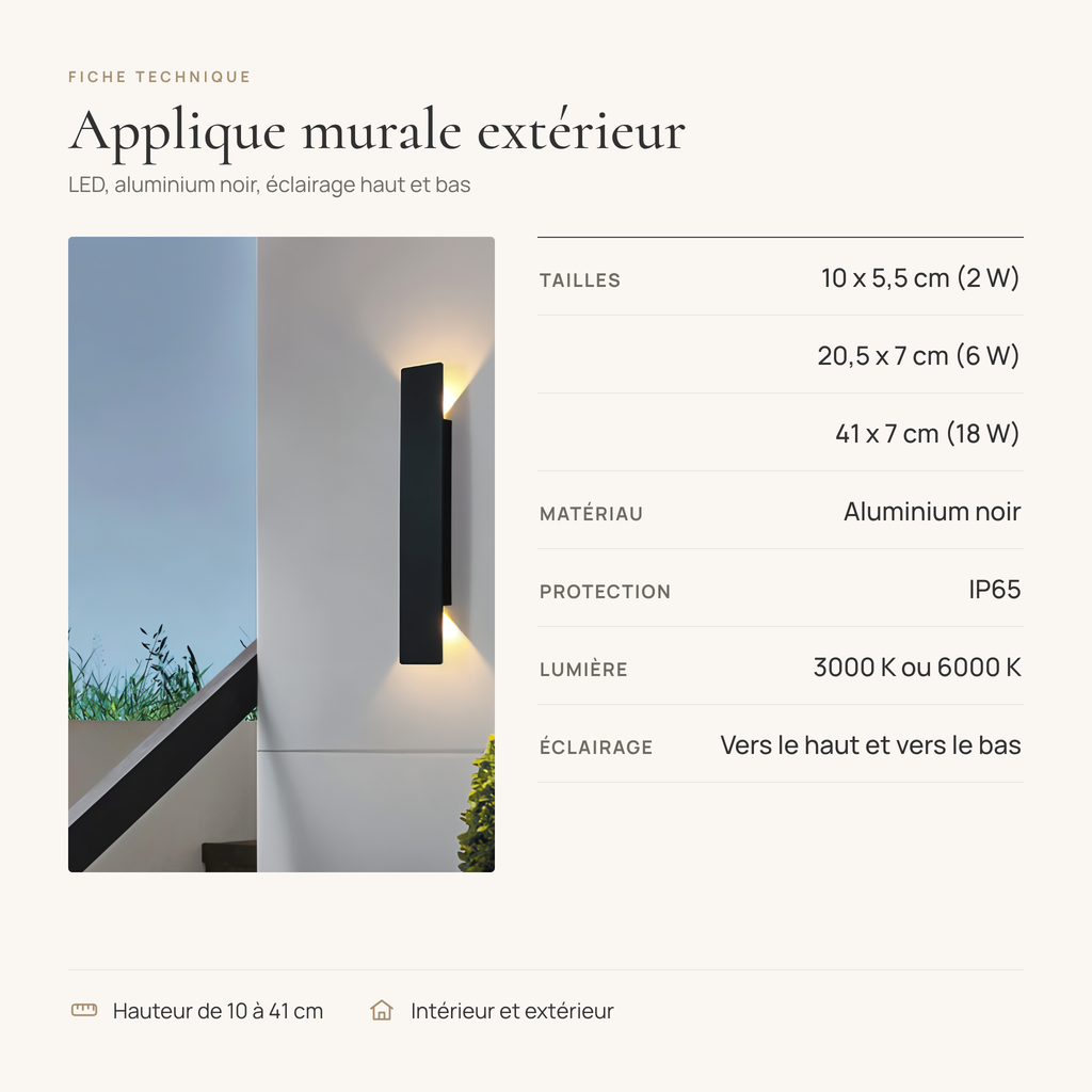 Fiche technique de l'applique murale extérieur : 10 à 41 cm, 2 à 18 W, IP65