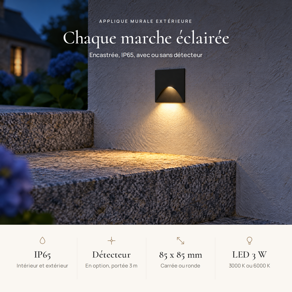 Avantages de l'applique murale extérieure encastrée : IP65, détecteur en option, 85 x 85 mm, LED 3 W