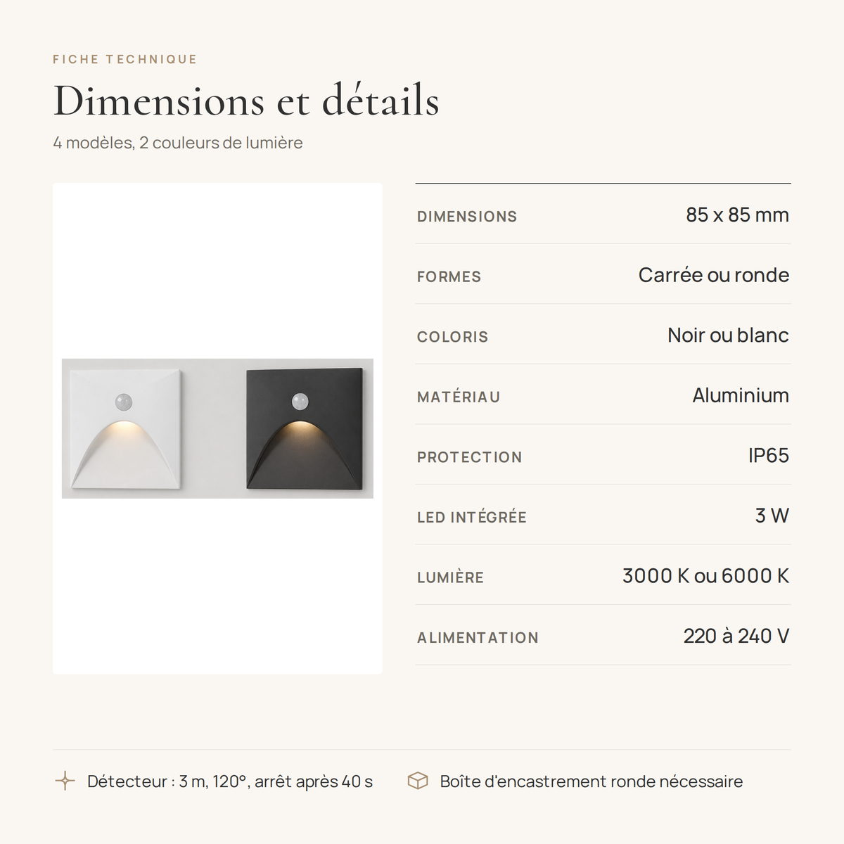 Fiche technique de l'applique murale extérieure encastrée : 85 x 85 mm, IP65, 3 W, 220 à 240 V