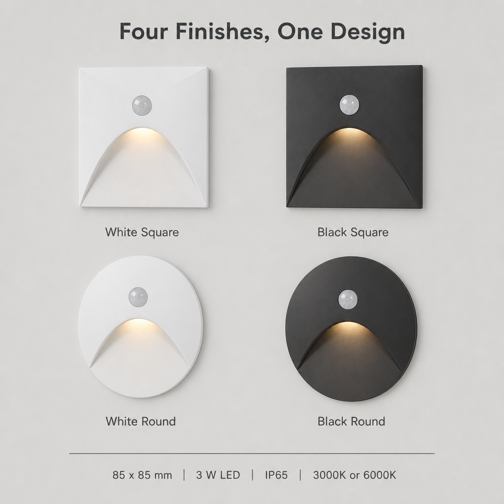 Les 4 modèles de l'applique murale : carré blanc, carré noir, rond blanc, rond noir, 85 x 85 mm