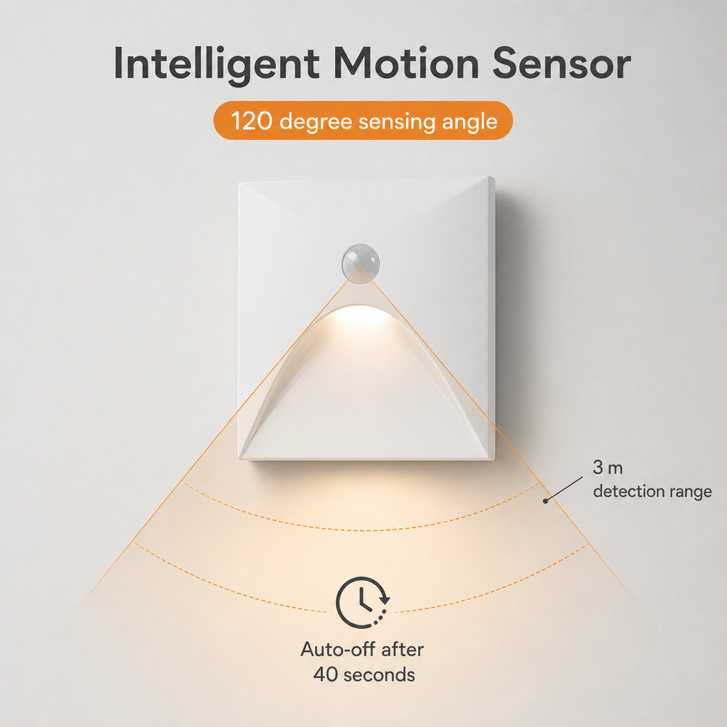 Détecteur de mouvement de l'applique : angle de 120°, portée 3 m, extinction après 40 secondes