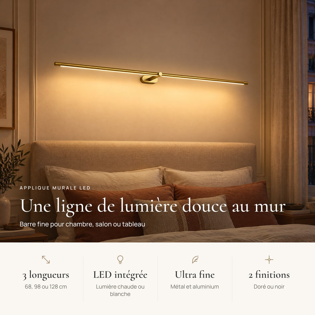 Avantages de l'applique murale LED : 3 longueurs, LED intégrée, barre ultra fine, doré ou noir