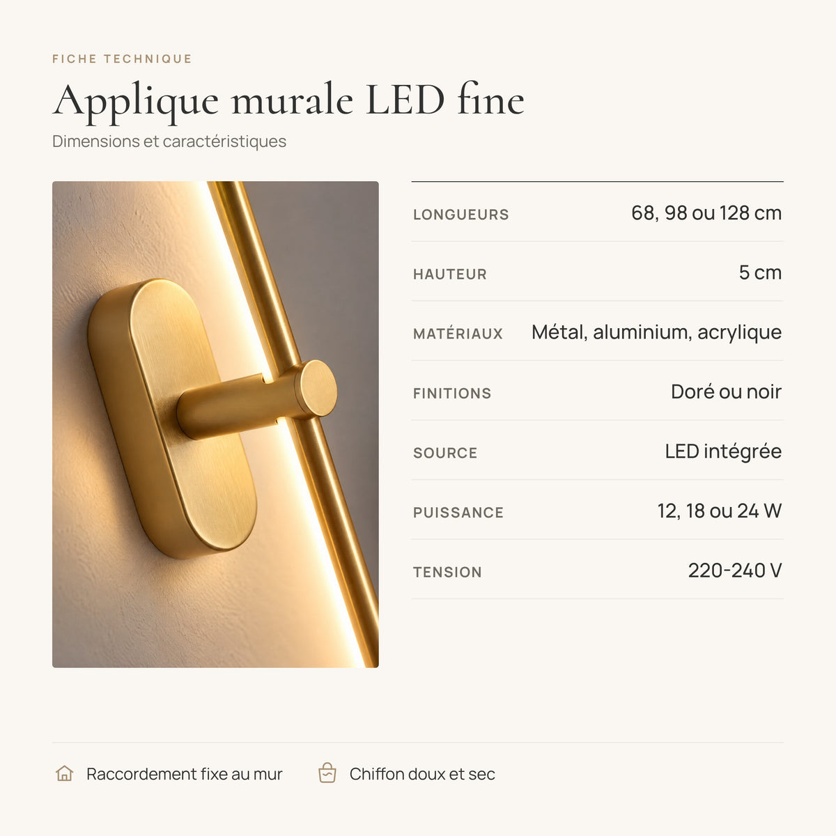Fiche technique de l'applique murale LED : 68, 98 ou 128 cm, hauteur 5 cm, 12 à 24 W