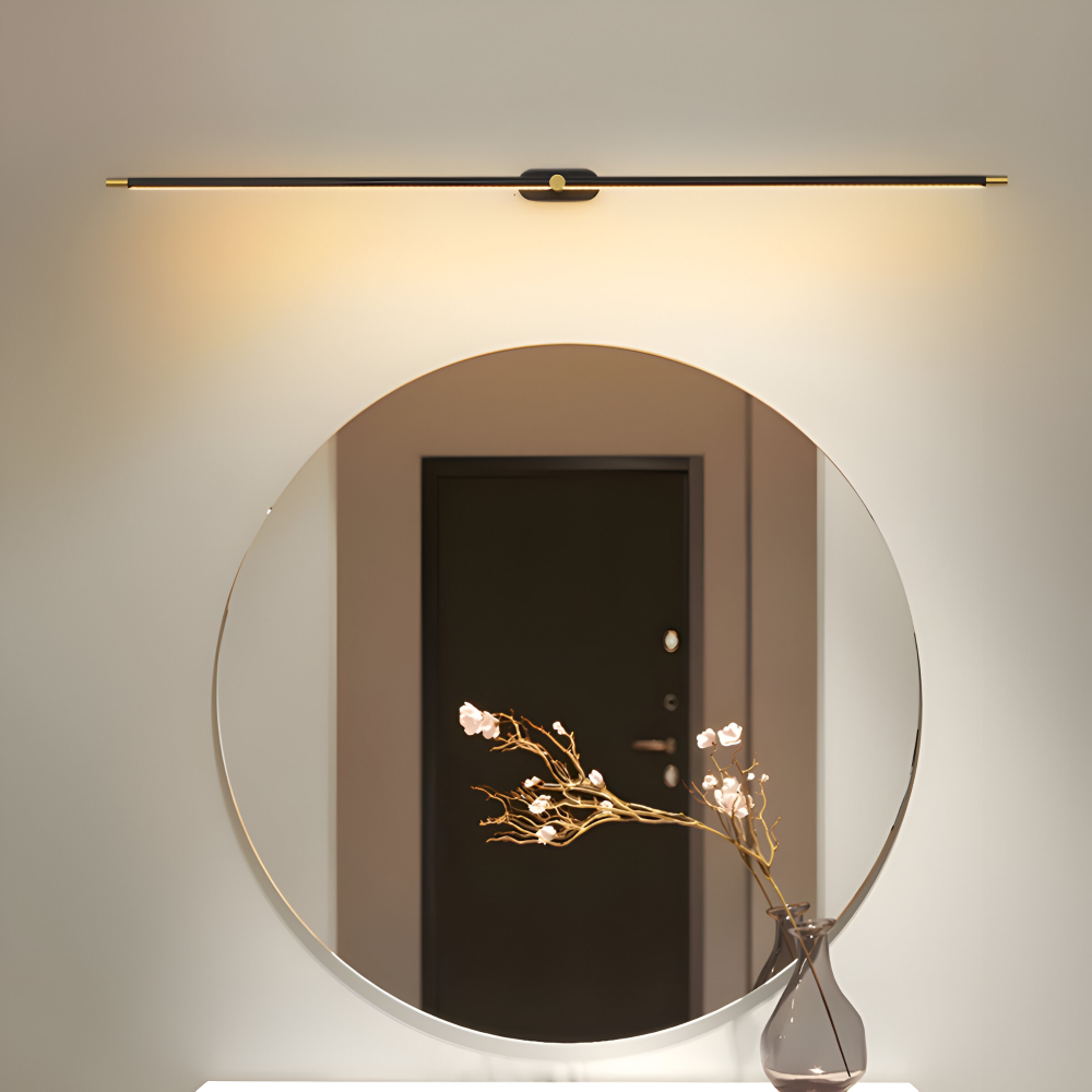 Applique murale LED noire au-dessus d'un miroir rond
