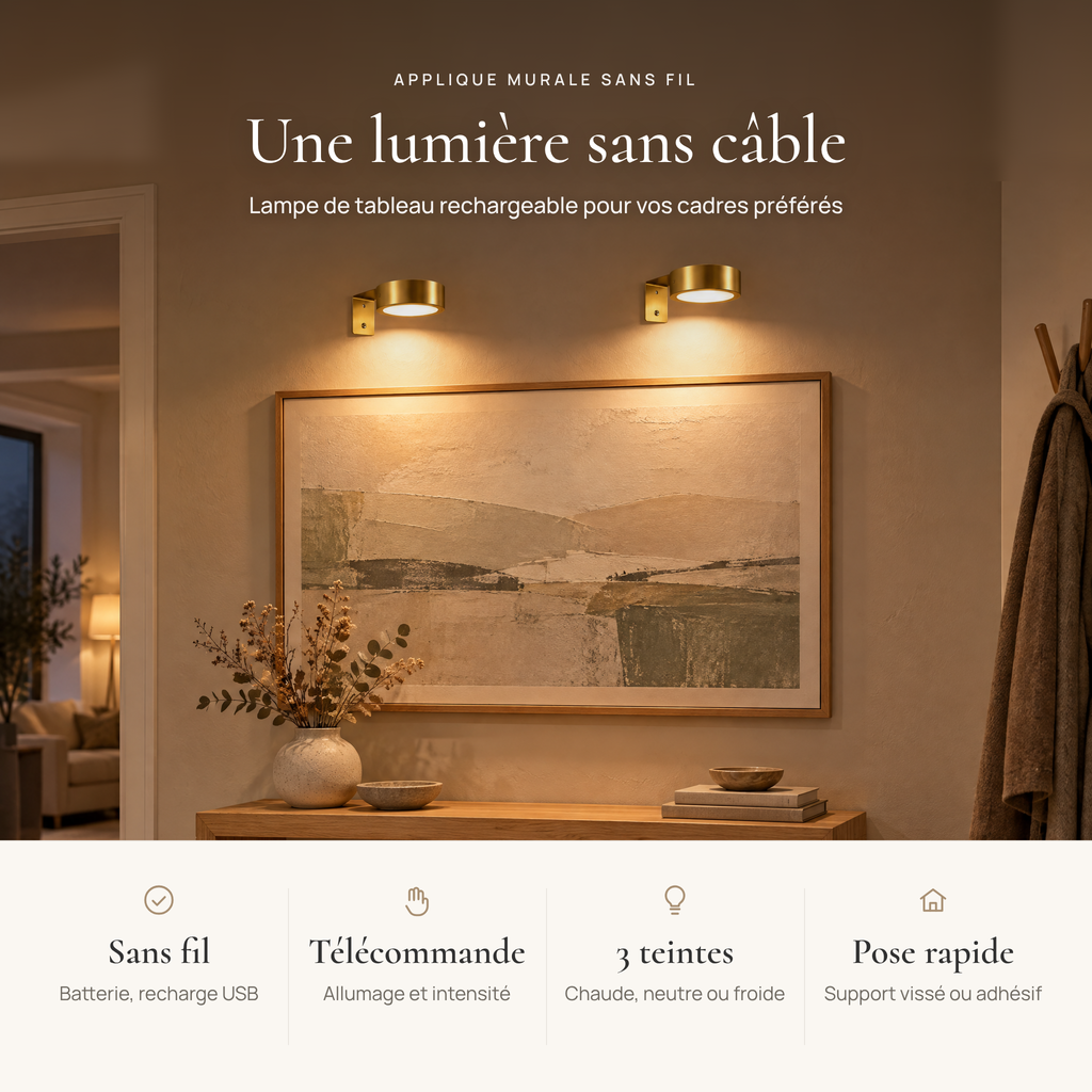 Avantages de l'applique murale sans fil : sans câble, télécommande, 3 teintes de lumière, pose rapide