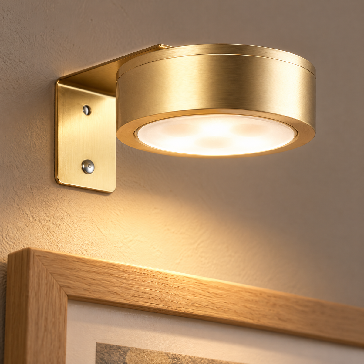 Gros plan de l'applique murale LED rechargeable dorée sur son support mural