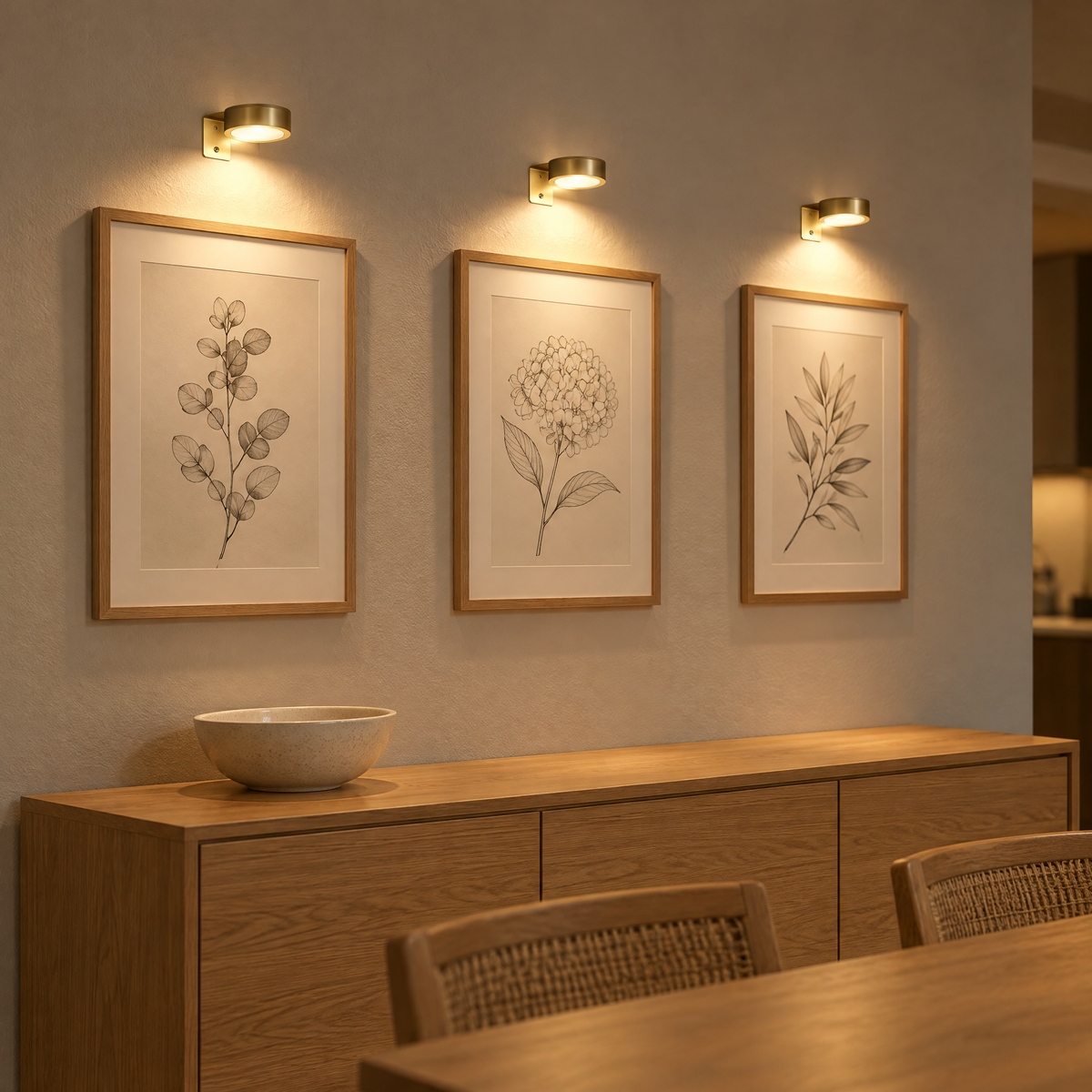 Trois lampes de tableau sans fil dorées au-dessus de cadres botaniques dans la salle à manger