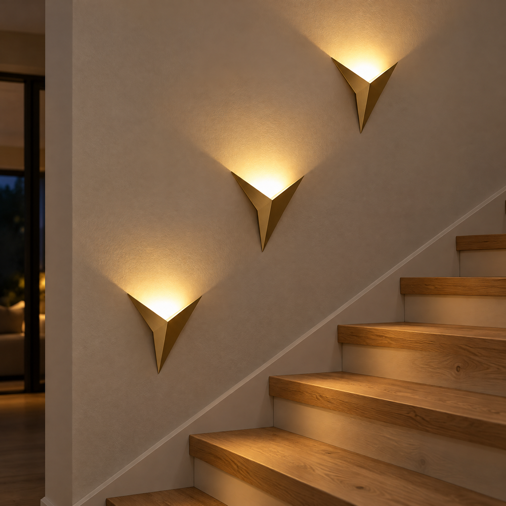 Trois appliques murales triangle dorées le long de l'escalier avec lumière chaude