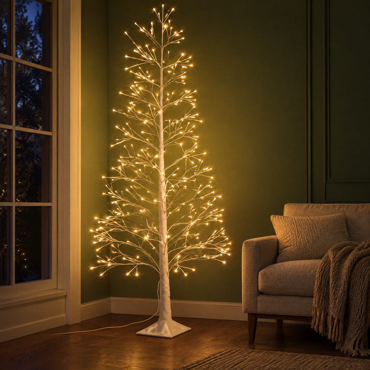 Arbre lumineux blanc 180 cm effet bouleau allumé en blanc chaud dans l'angle d'un salon au mur vert foncé