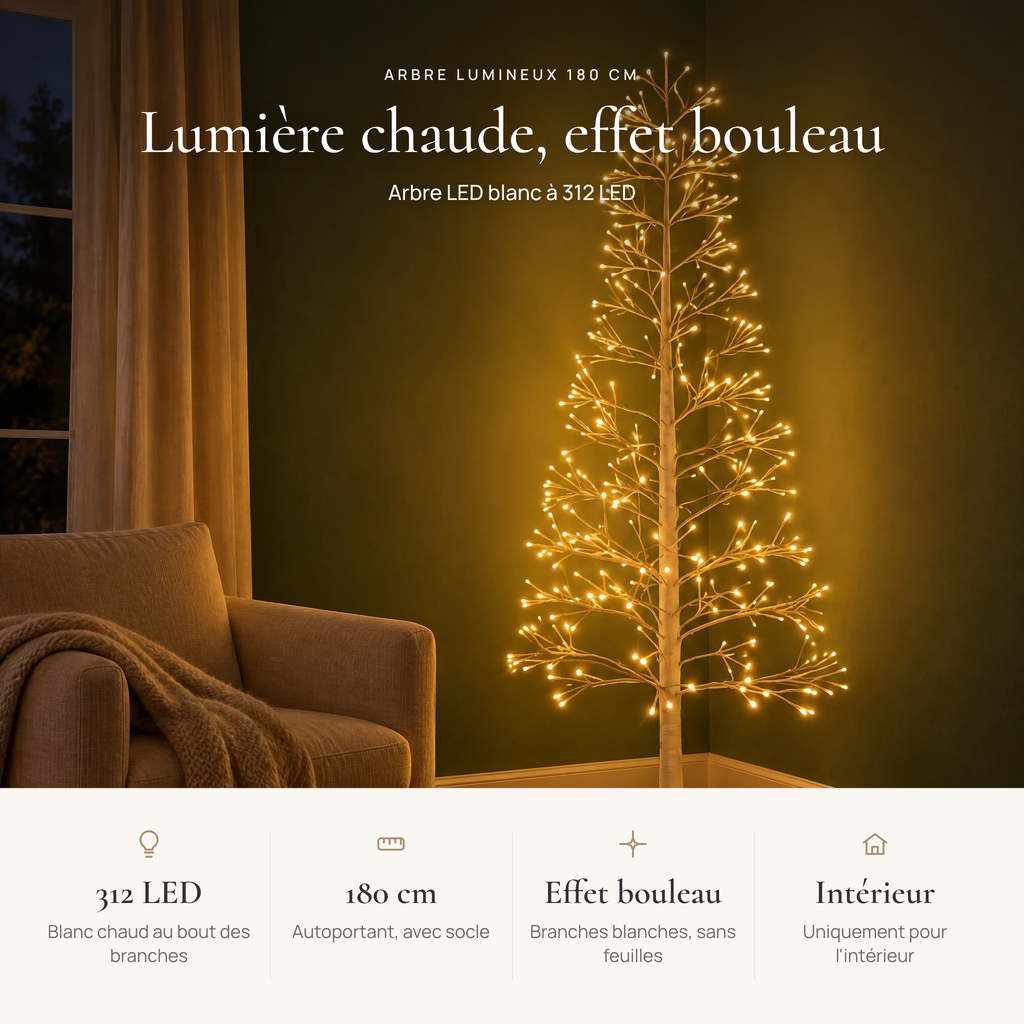Avantages de l'arbre lumineux : 312 LED blanc chaud, 180 cm de haut, effet bouleau sans feuilles, uniquement pour l'intérieur
