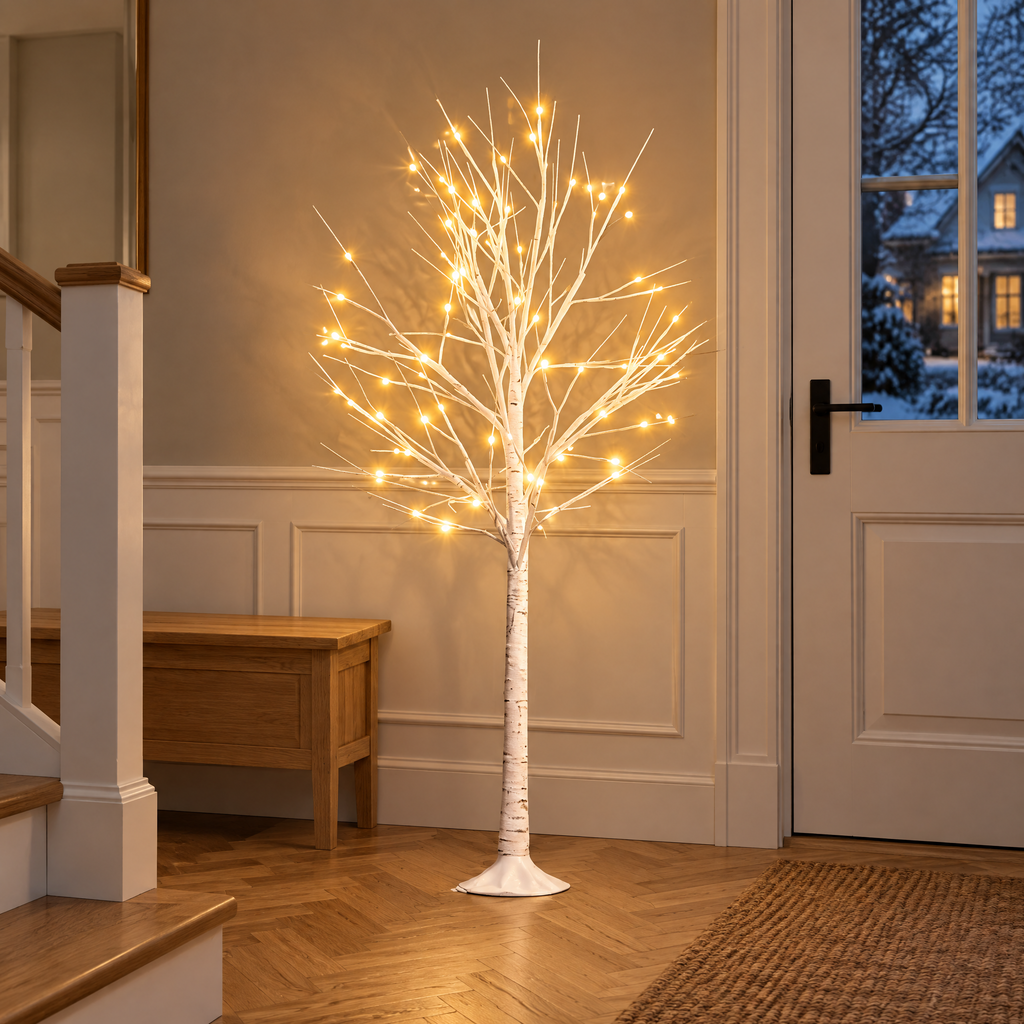Arbre lumineux bouleau blanc aux LED blanc chaud dans l'entrée à côté d'un banc en bois le soir
