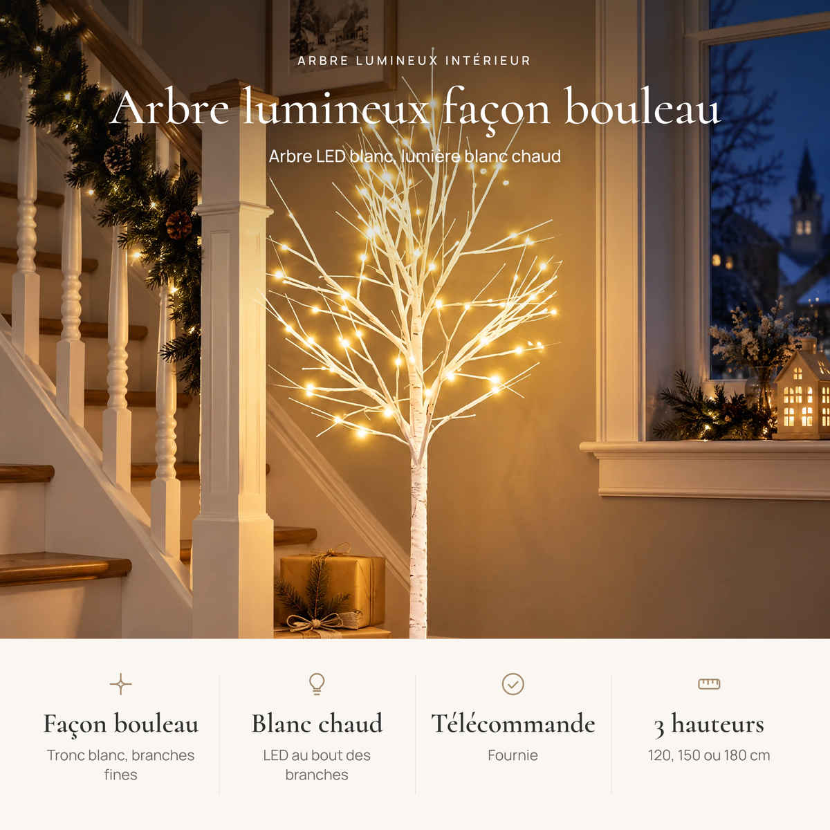 Avantages de l'arbre lumineux : façon bouleau, LED blanc chaud au bout des branches, télécommande, 3 hauteurs 120, 150 ou 180 cm
