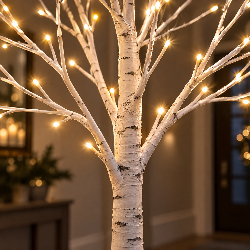 Gros plan de l'arbre lumineux : tronc blanc façon bouleau et LED blanc chaud au bout des branches