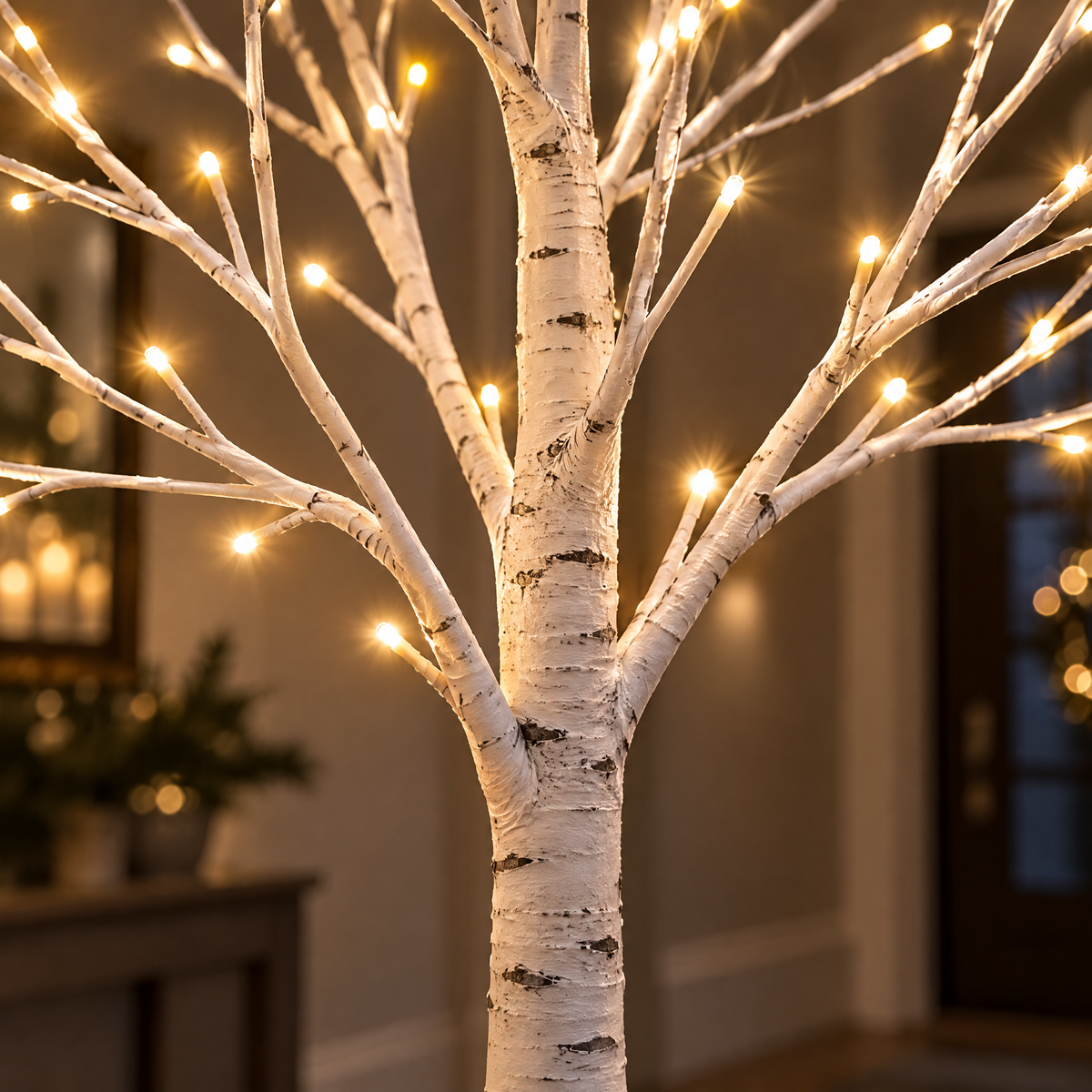 Gros plan de l'arbre lumineux : tronc blanc façon bouleau et LED blanc chaud au bout des branches