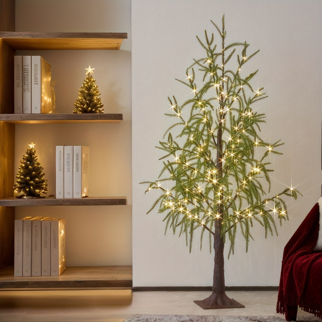 Arbre lumineux aux feuilles vertes devant une bibliothèque avec décoration de Noël