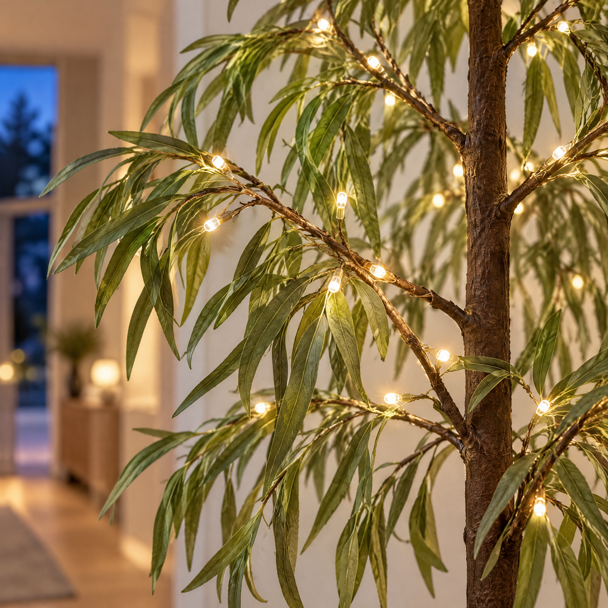 Gros plan sur les feuilles vertes et les LED blanc chaud sur la branche marron de l'arbre lumineux