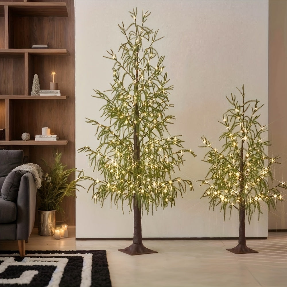 Deux arbres lumineux aux feuilles vertes dans un salon avec étagère