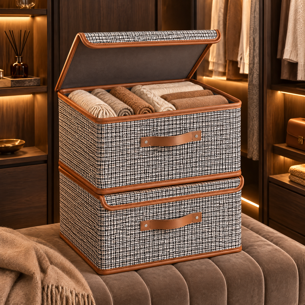 Deux boîtes de rangement effet tweed empilées, couvercle ouvert sur des pulls pliés