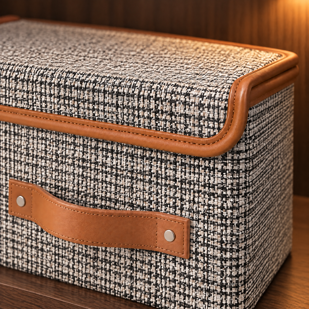 Détail du tissu effet tweed, du passepoil et de la poignée en similicuir