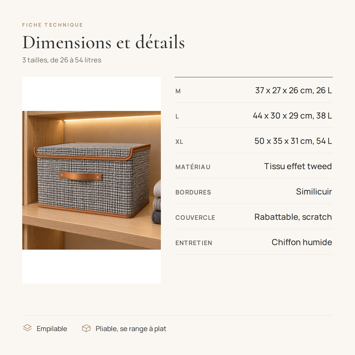 Fiche technique de la boîte de rangement : M 26 L, L 38 L, XL 54 L