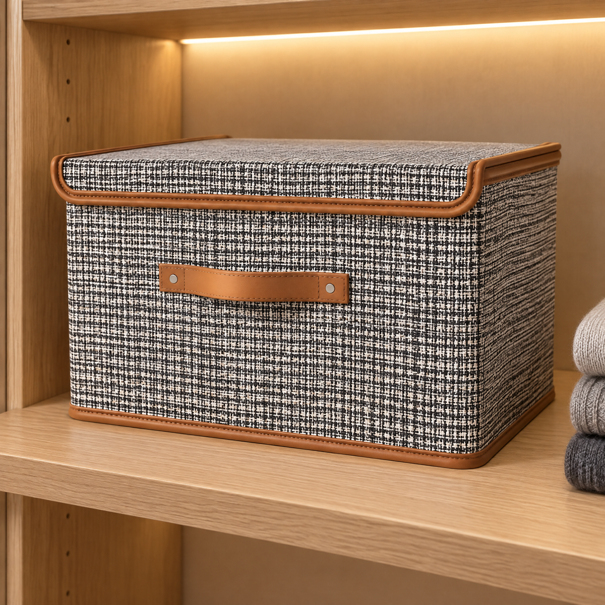 Boîte de rangement avec couvercle effet tweed sur une étagère en bois