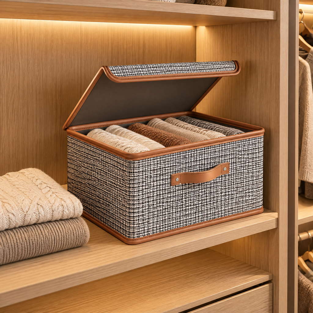 Boîte de rangement effet tweed ouverte avec des pulls pliés