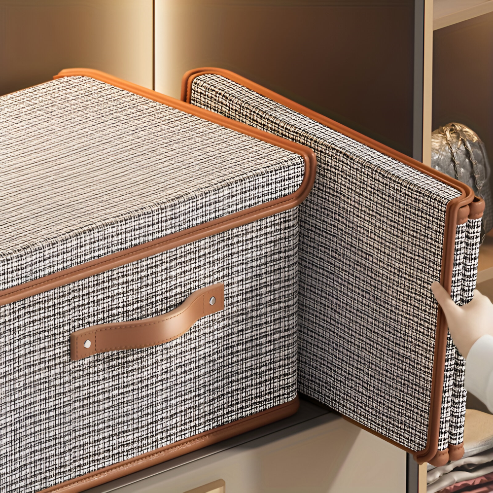 Boîte de rangement effet tweed et couvercle vus de côté