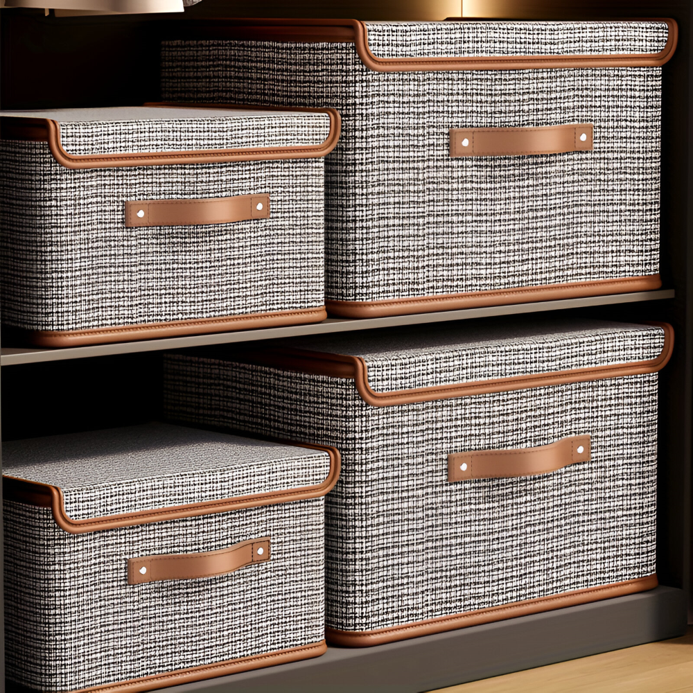 Plusieurs boîtes de rangement effet tweed sur des étagères