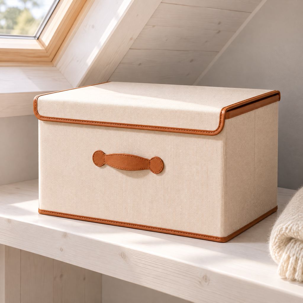 Boîte de rangement pliable beige avec couvercle sur une étagère en pin sous les combles