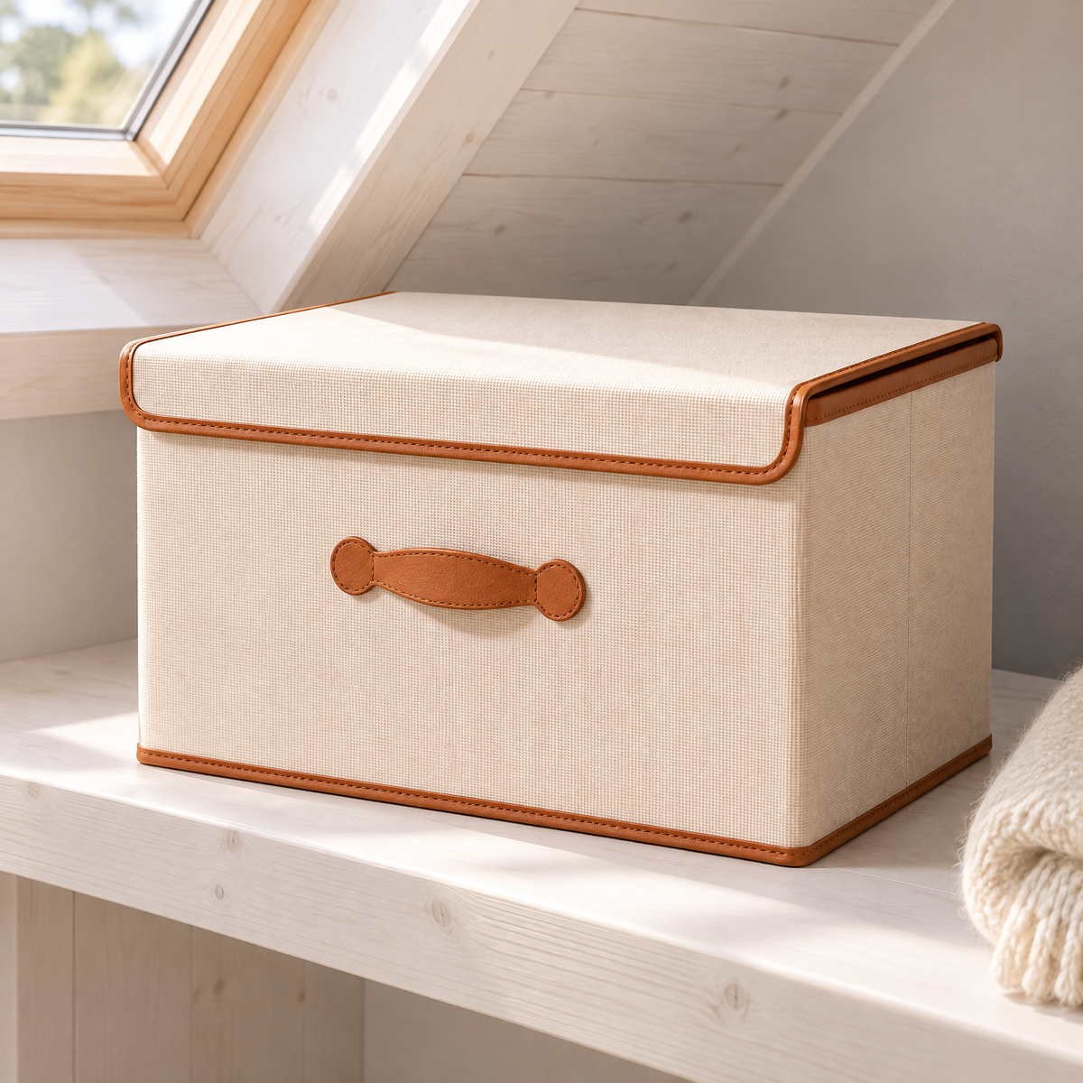 Boîte de rangement pliable beige avec couvercle sur une étagère en pin sous les combles