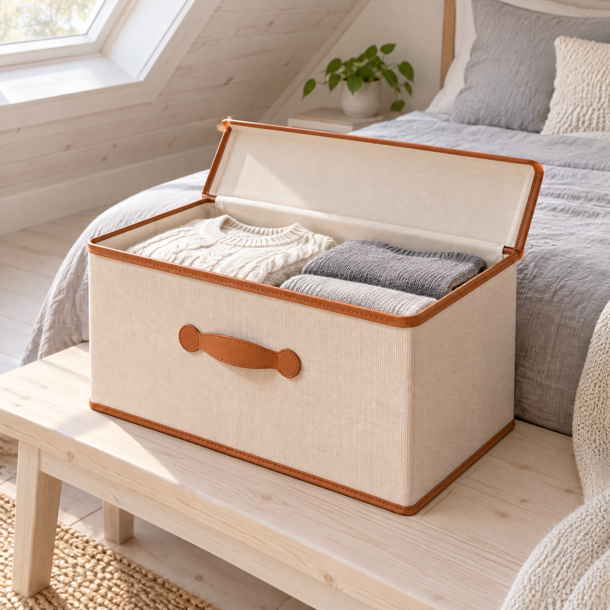 Boîte de rangement ouverte avec pulls pliés sur un banc au pied du lit