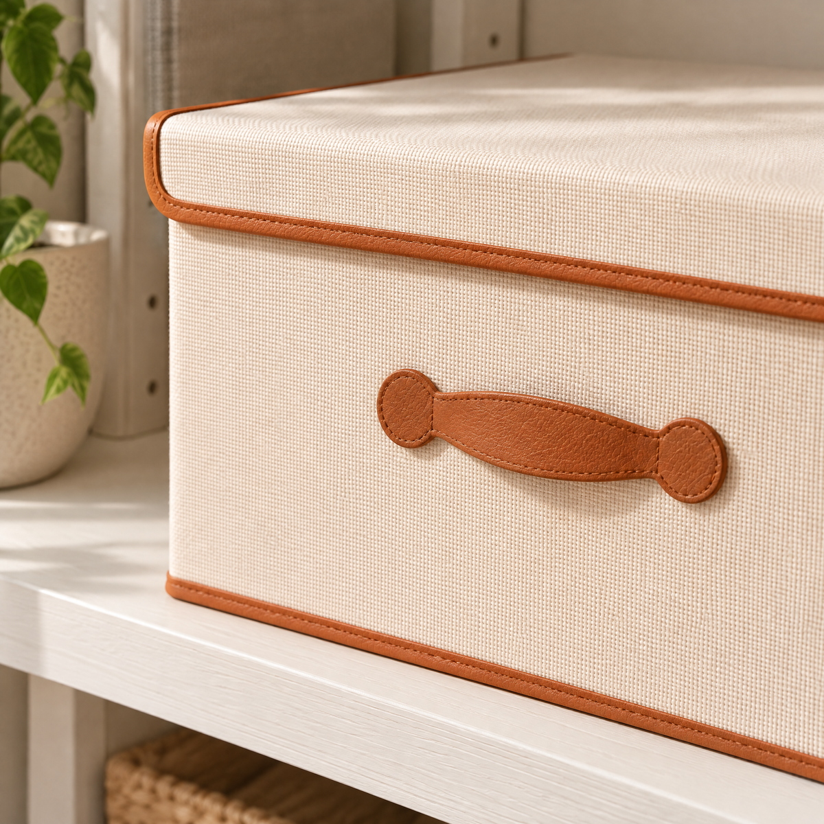 Détail du tissu Oxford beige, des bordures cognac et de la poignée en similicuir