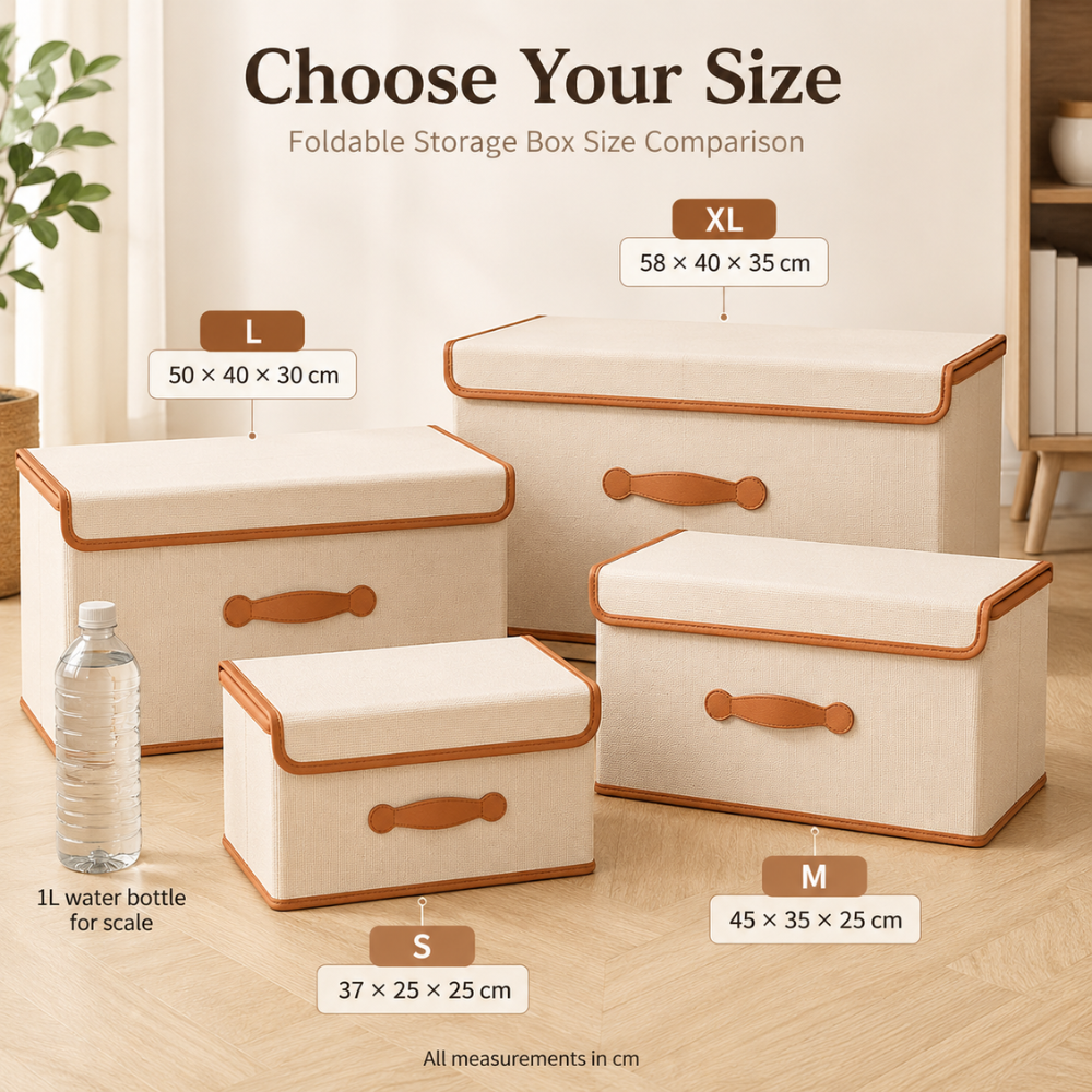 Comparaison des tailles de la boîte de rangement beige à côté d'une bouteille