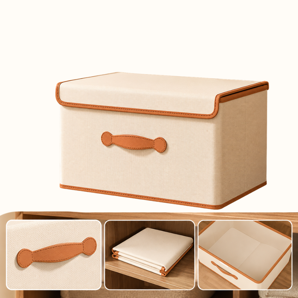 Boîte de rangement beige avec couvercle sur fond clair