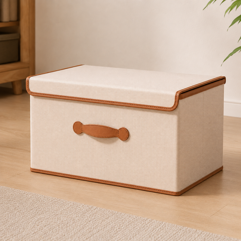 Boîte de rangement beige posée sur un tapis près d'une étagère