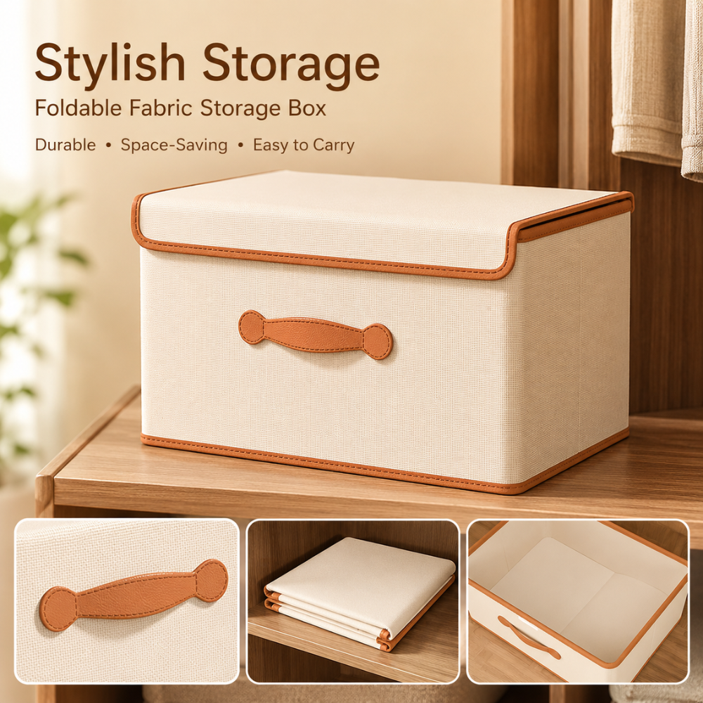 Boîte de rangement beige pliable sur une étagère en bois