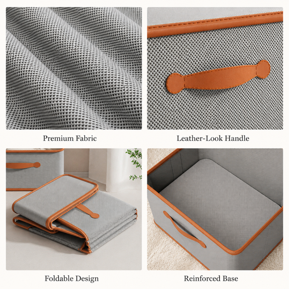 Boîte de rangement beige ouverte montrant le fond renforcé