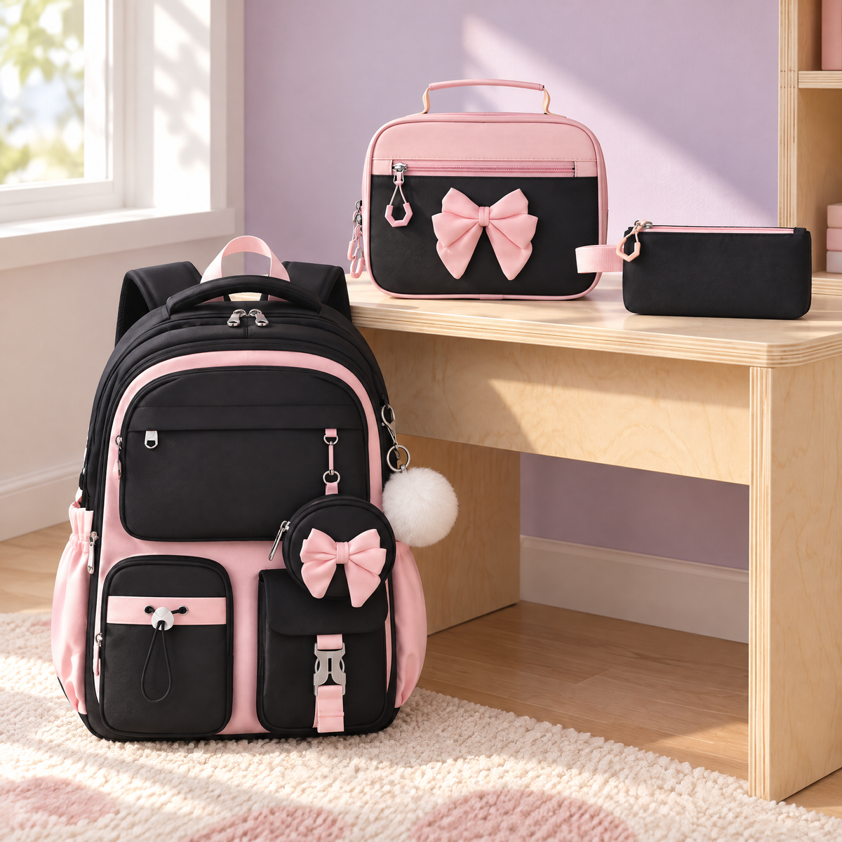 Cartable enfant noir et rose à nœuds avec sac à goûter et trousse dans une chambre d'enfant
