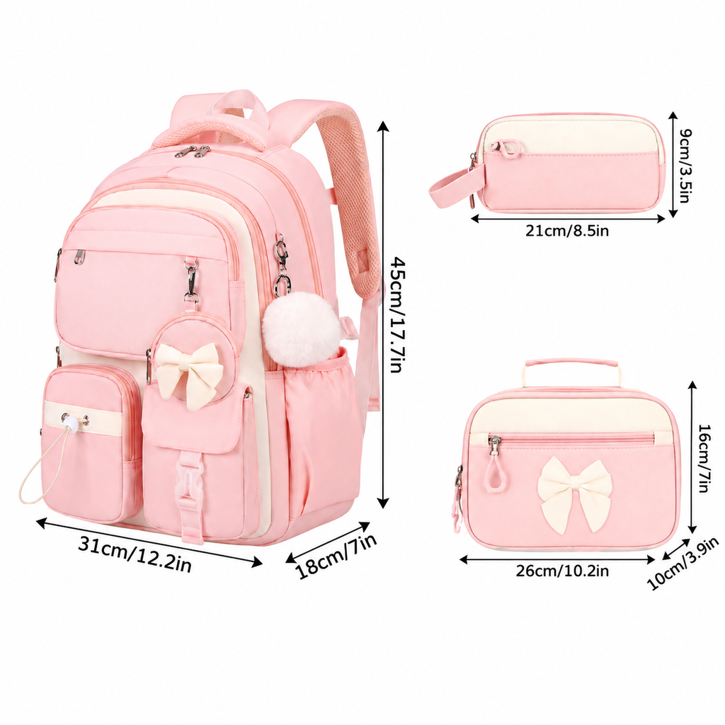 Dimensions du cartable enfant 3 pièces : sac à dos, sac à goûter et trousse