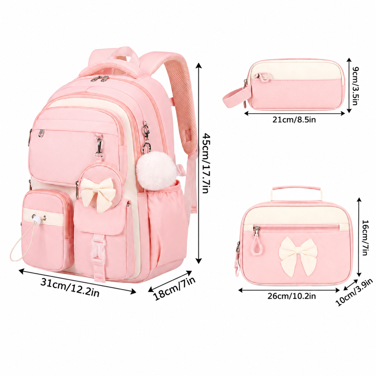 Dimensions du cartable enfant 3 pièces : sac à dos, sac à goûter et trousse
