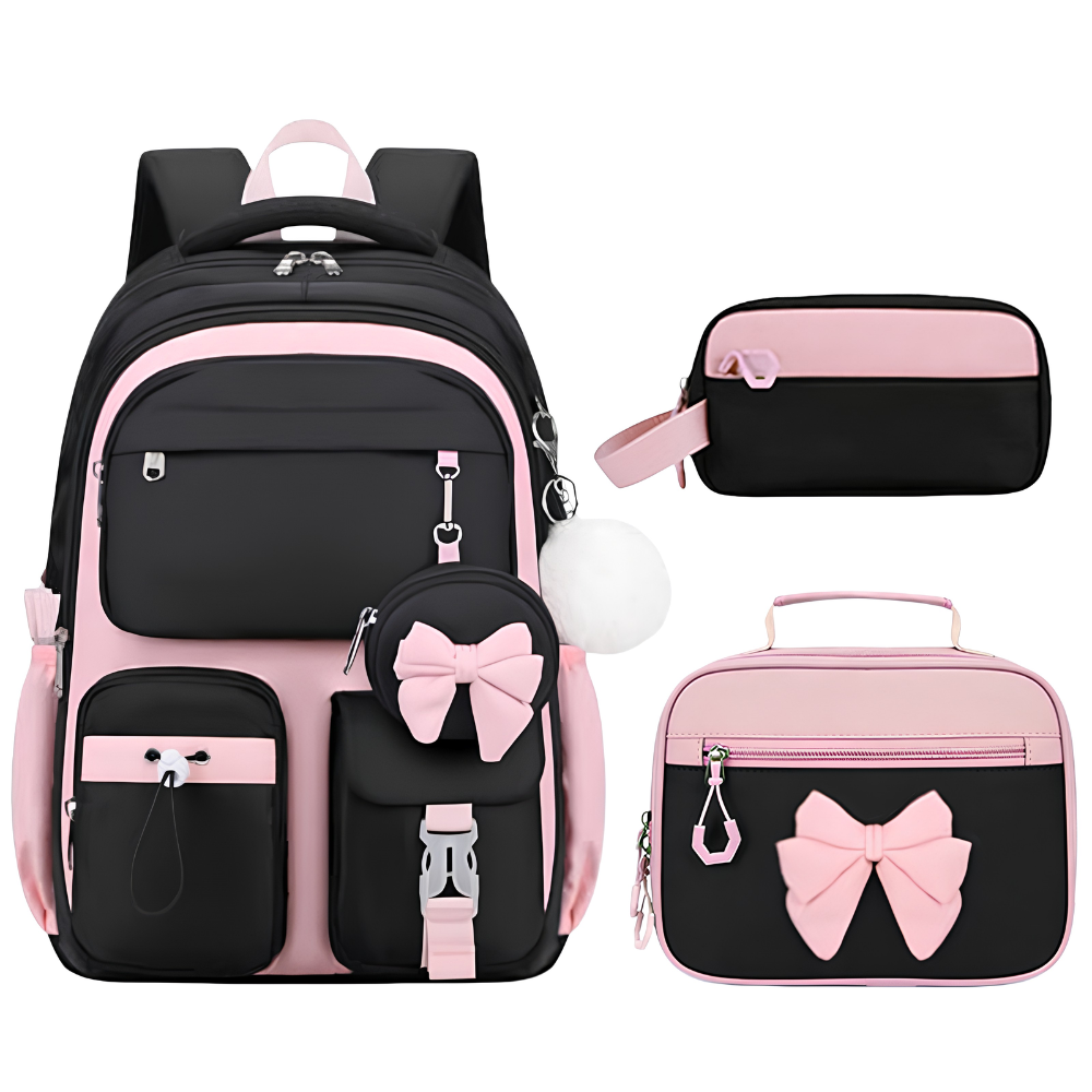 Cartable enfant 3 pièces noir et rose avec pompon blanc, sac à goûter et trousse