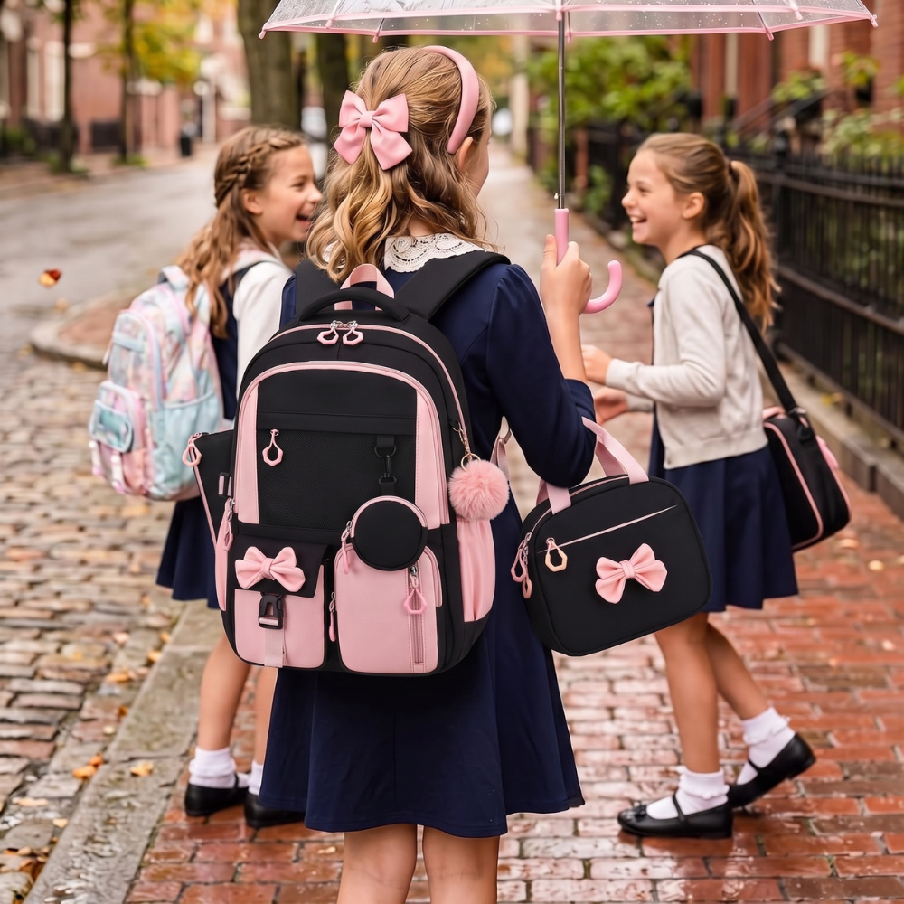 Cartable noir et rose à nœuds et sac à goûter portés dans la rue
