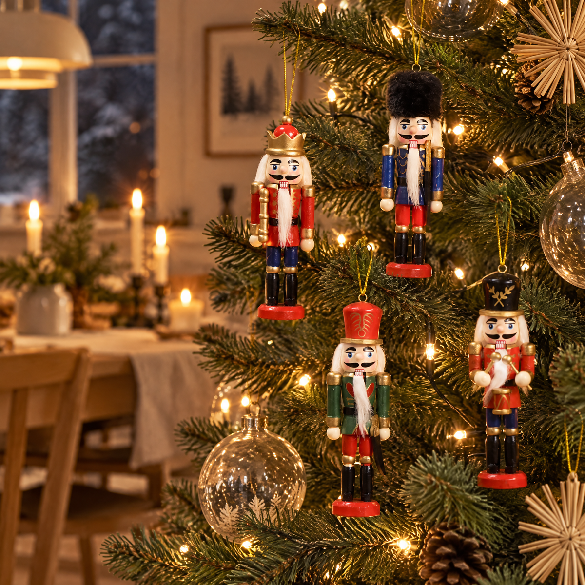 Mini casse-noisette en bois suspendus au sapin par leur boucle dorée