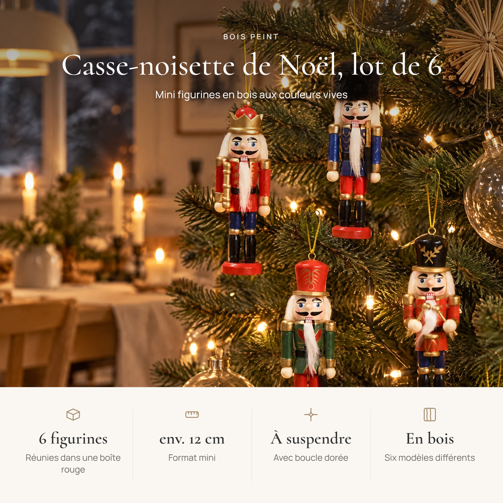 Avantages des casse-noisette de Noël : 6 figurines dans une boîte rouge, env. 12 cm, à suspendre, en bois