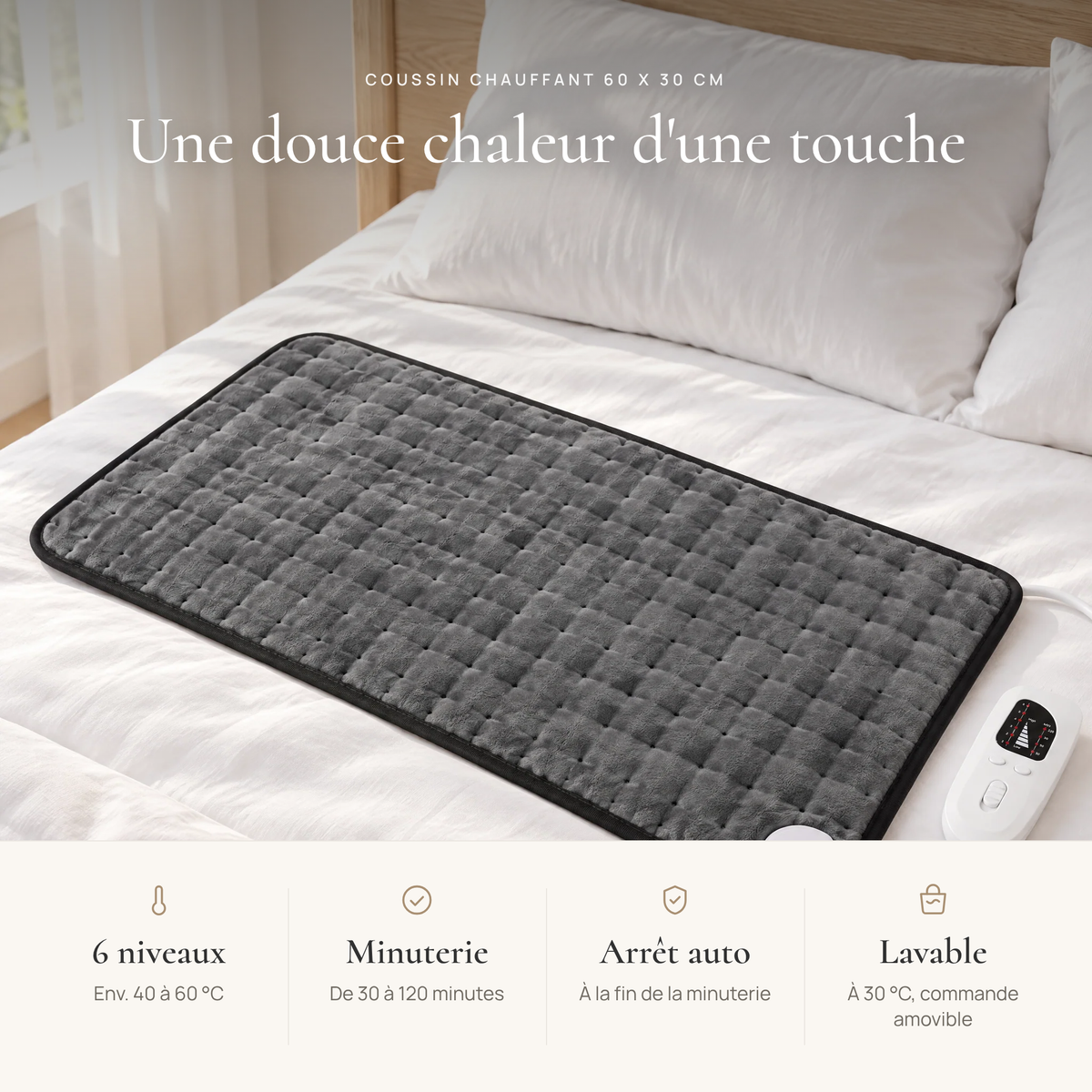 Avantages du coussin chauffant : 6 niveaux de chaleur, minuterie de 30 à 120 minutes, arrêt automatique, lavable à 30 °C