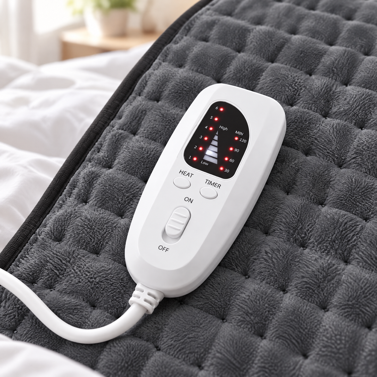 Gros plan du boîtier de commande blanc avec écran LED pour le niveau de chaleur et la minuterie, sur la peluche gris foncé