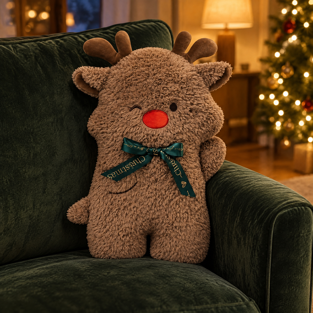 Coussin de Noël renne en peluche marron avec nœud vert sur un fauteuil en velours vert foncé devant le sapin